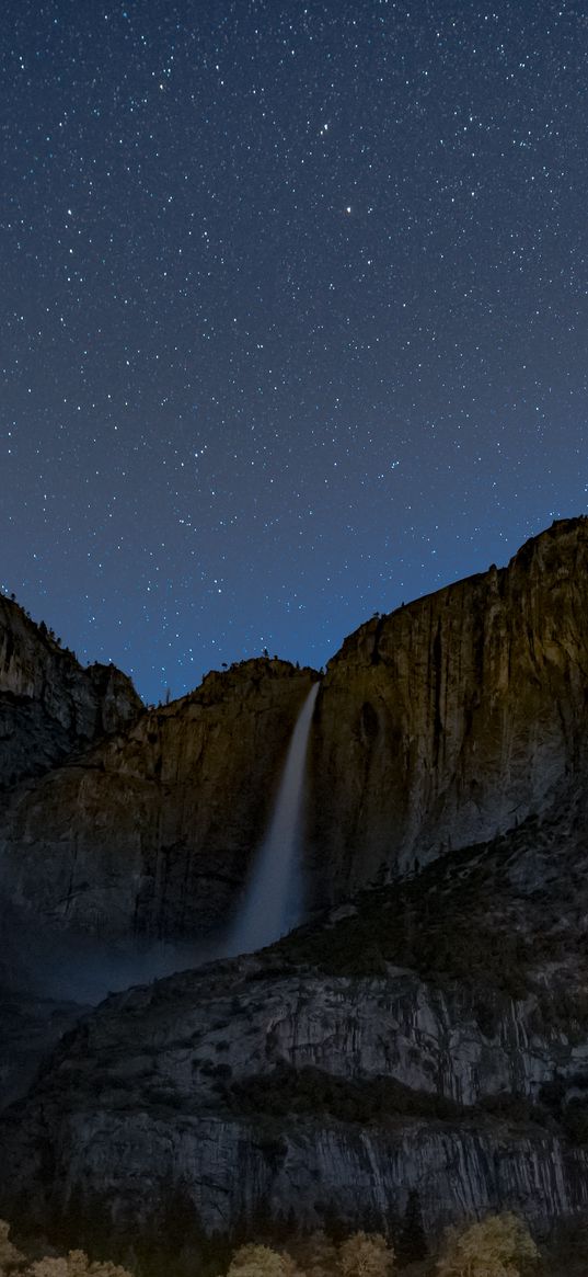 starry sky, precipice, waterfall