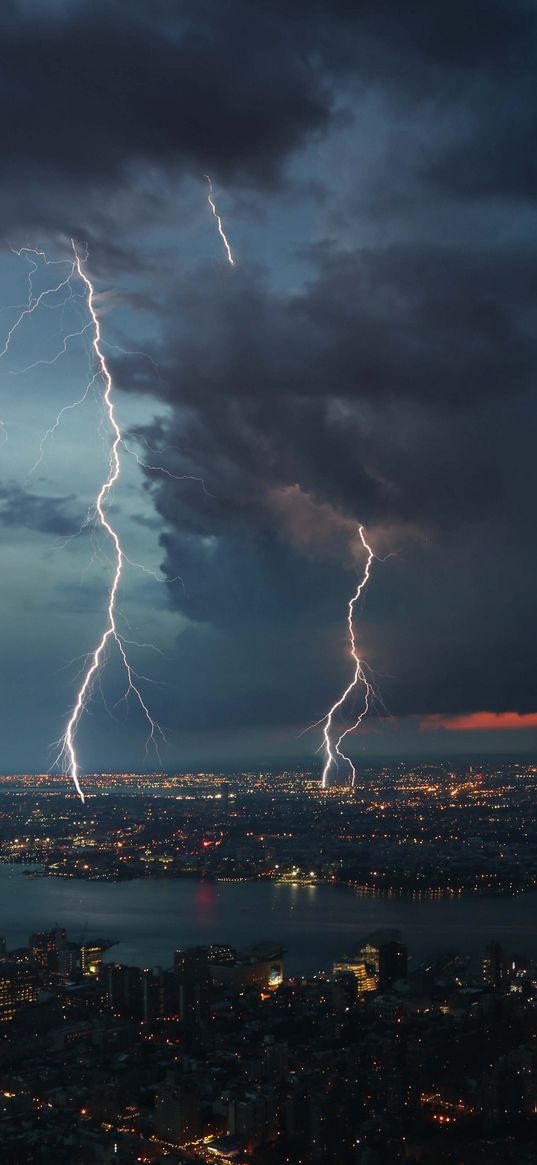 night city, thunderstorm, top view