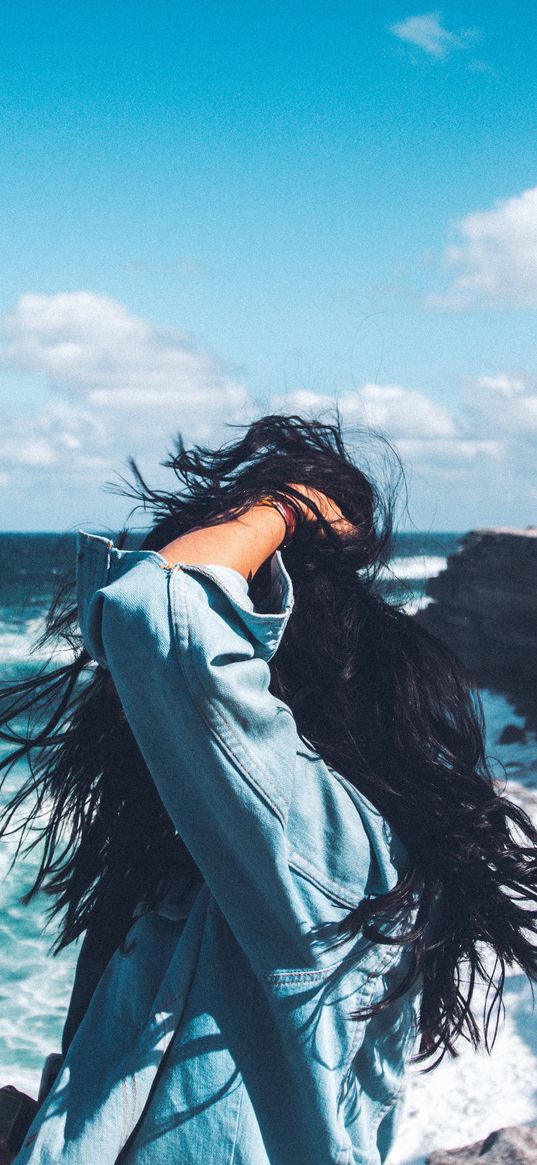 girl, wind, sea