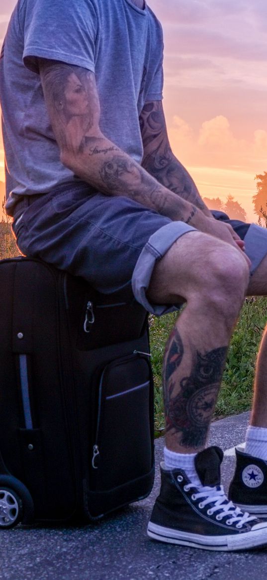 man, suitcase, sunset, tattoos