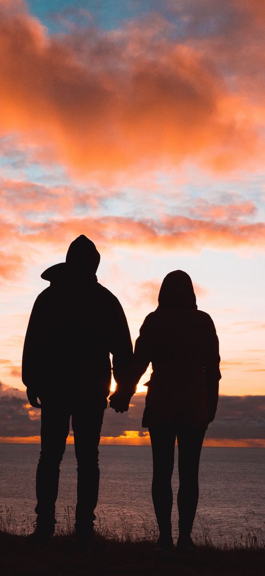 couple, silhouettes, sunset, sky