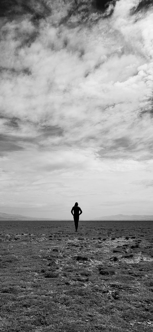 man, field, sky, bw