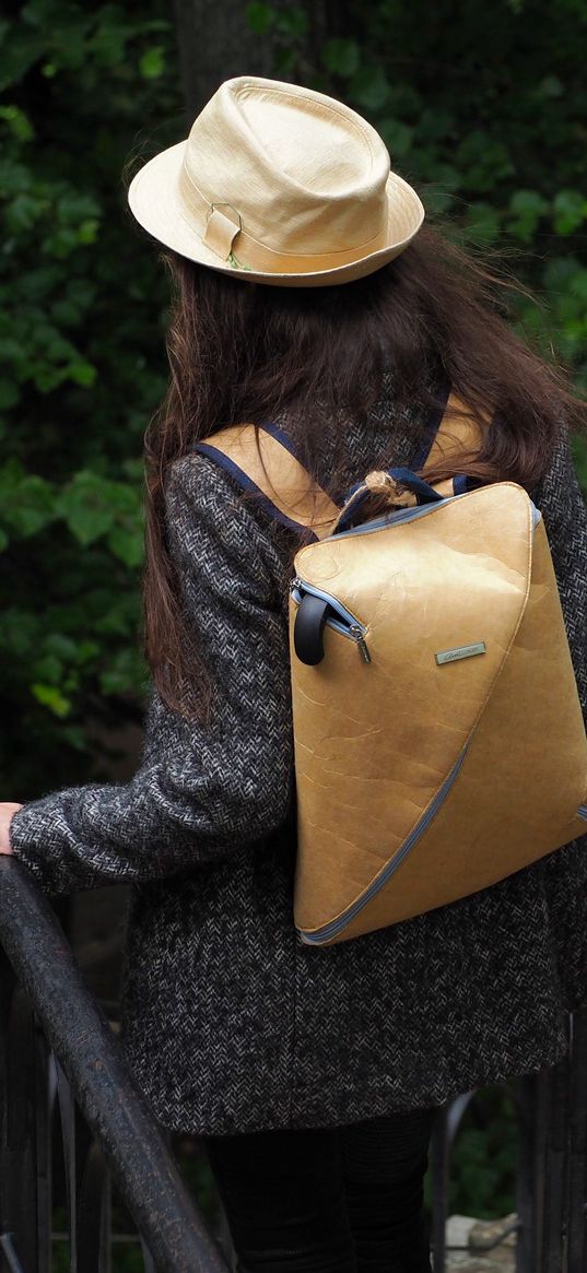 girl, backpack, hat