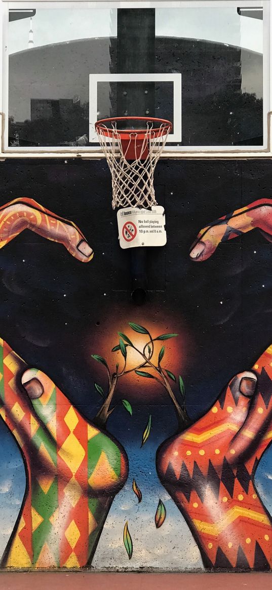 basketball net, hands, graffiti