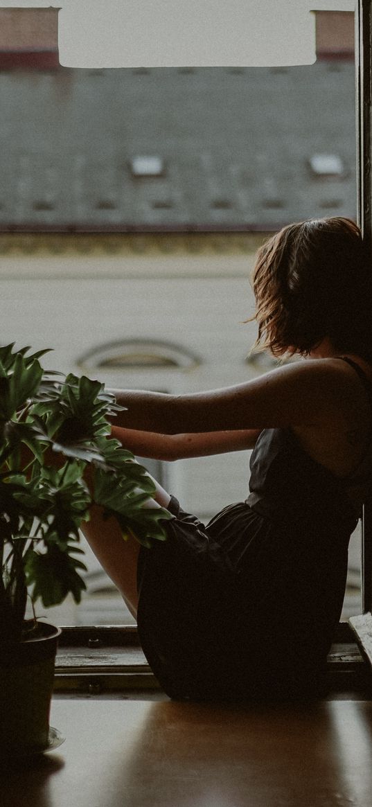 girl, window, sits, flower