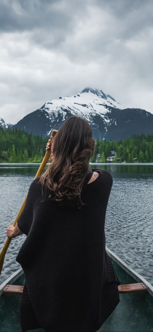 girl, boat, paddle, mountains