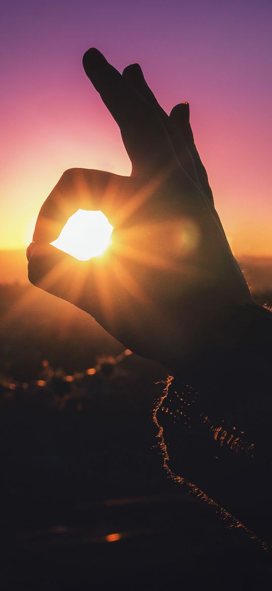 hand, light, fingers, sunset