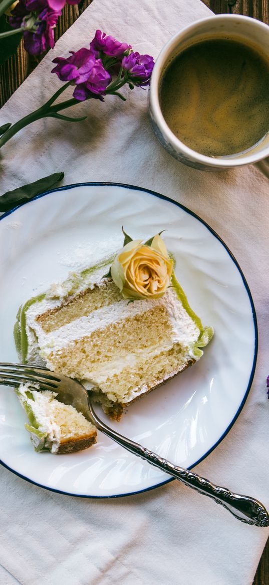 cake, coffee, flowers