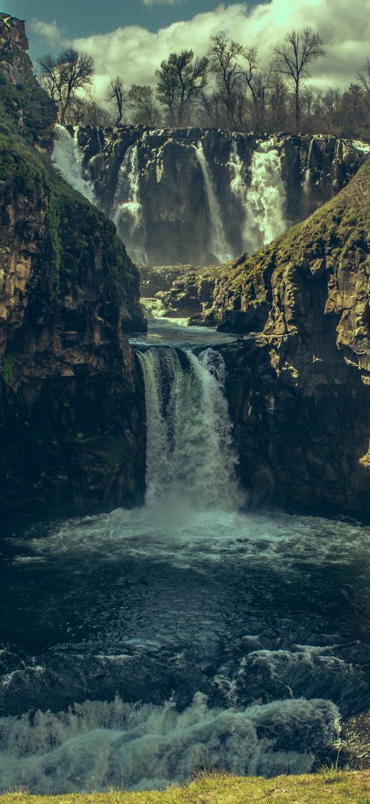 waterfall, precipice, stones, shadow