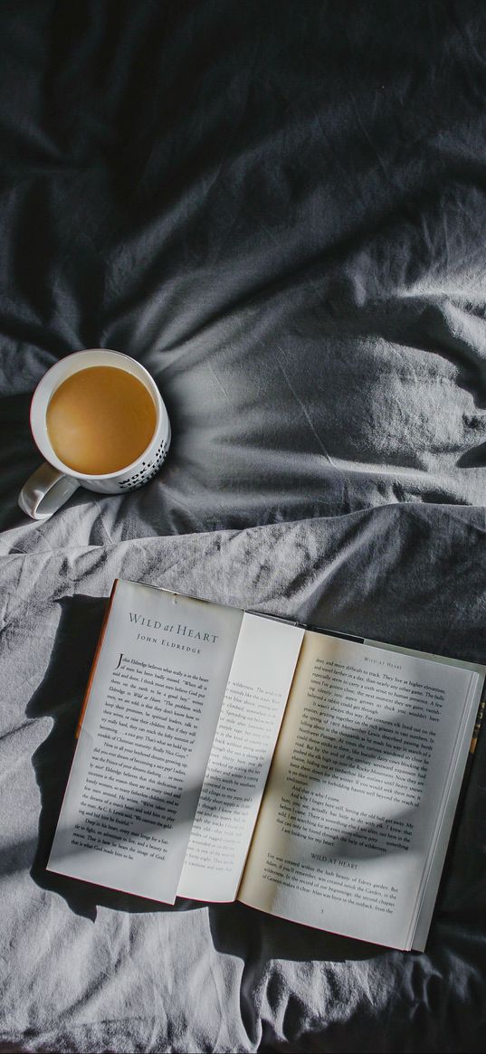 book, coffee, bed, shadow