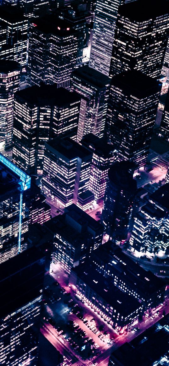 city, night, skyscrapers, top view