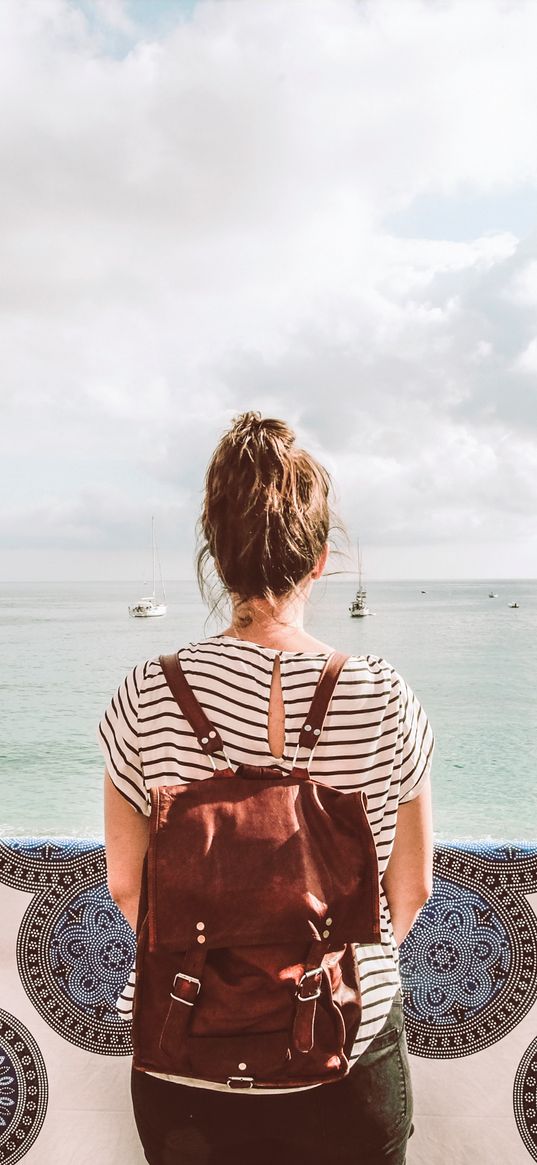 girl, backpack, sea, horizon