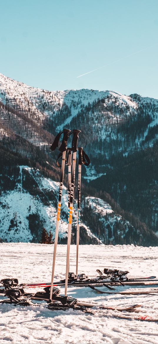 skis, mountains, snow