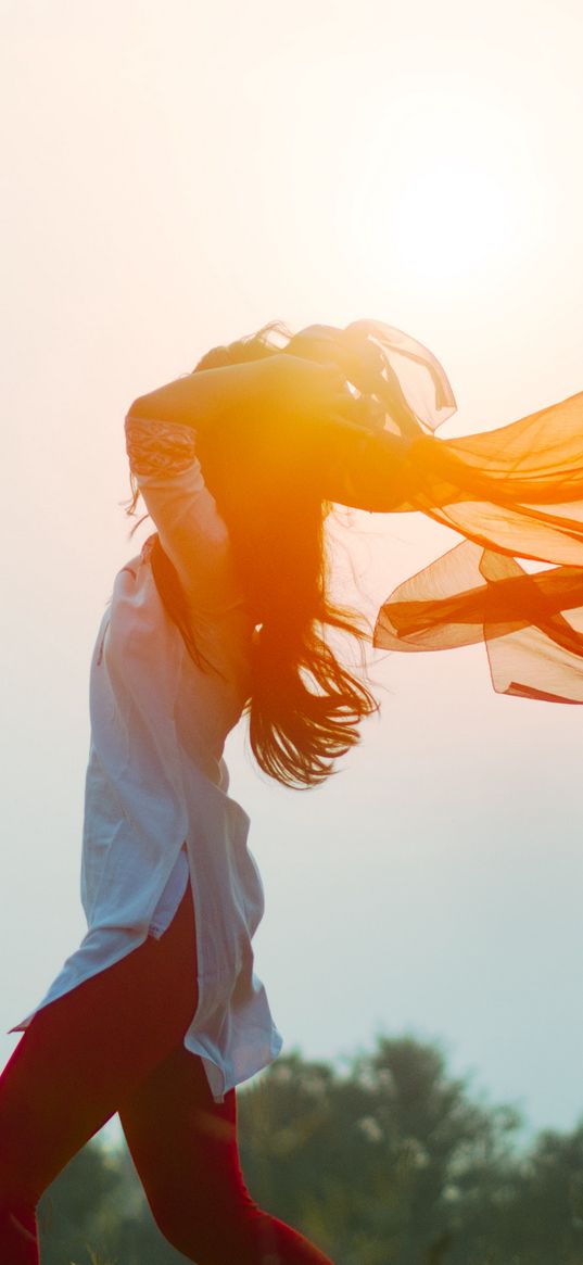 girl, shawl, wind