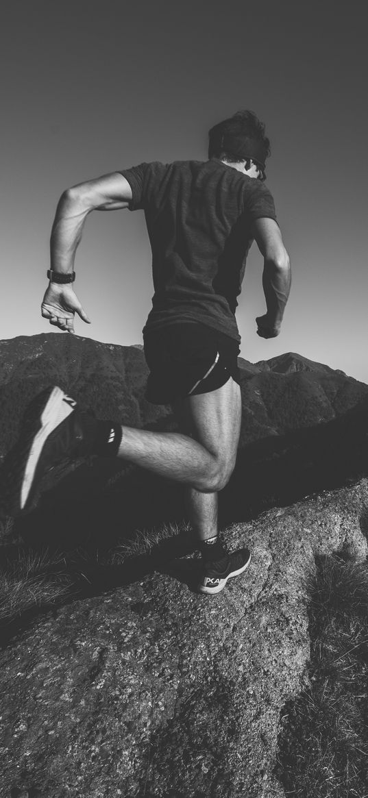 athlete, running, mountains, bw