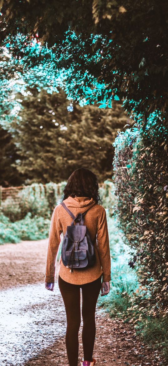 girl, walk, trees