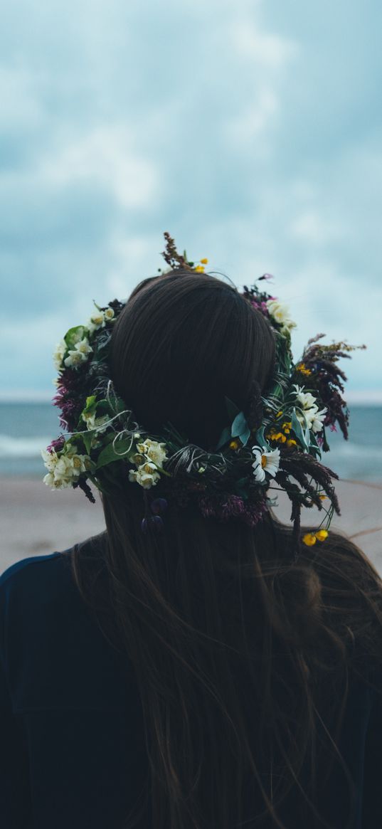 girl, wreath, wind