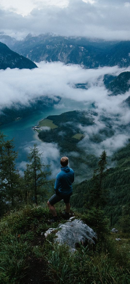 man, mountains, clouds, travel