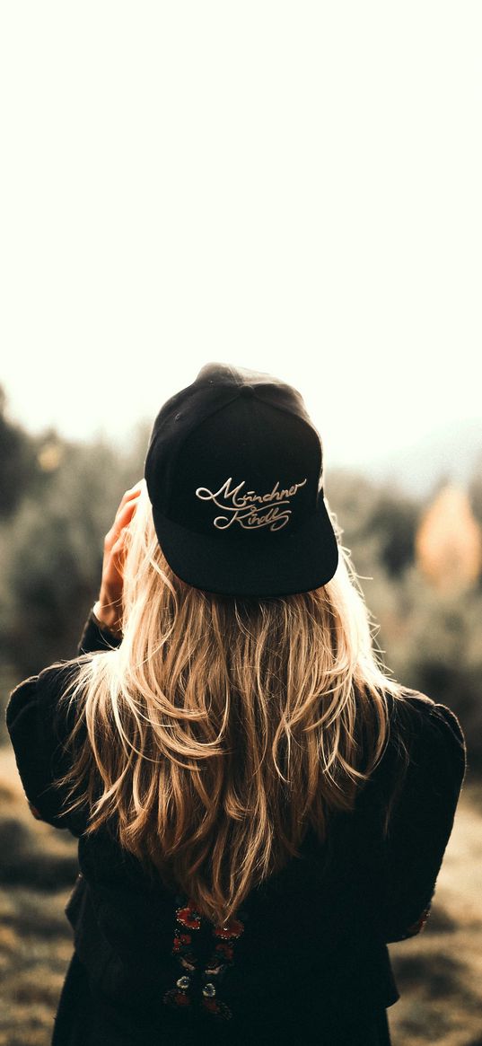 girl, cap, blonde, back