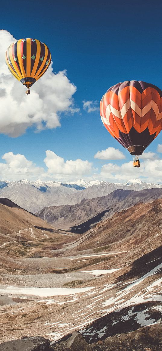 air balloons, sky, clouds, mountains