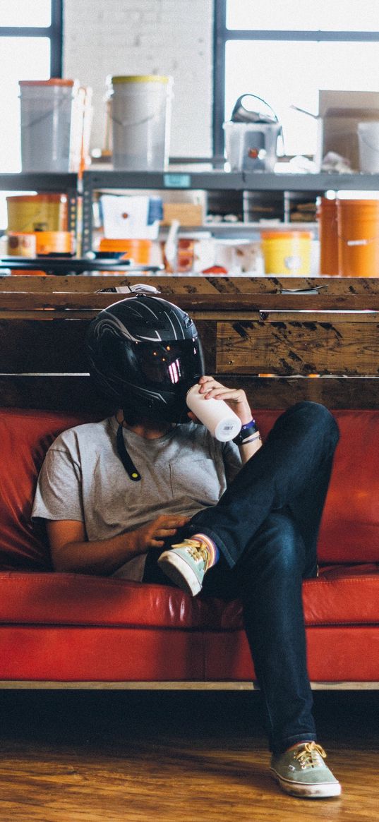 guy, helmet, motorcyclist, sofa