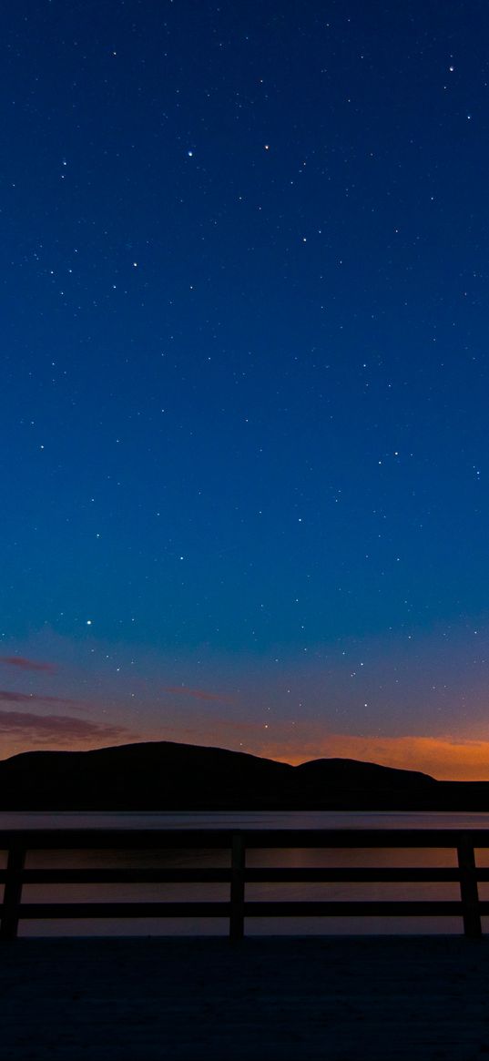 starry sky, railing, stars, mountains