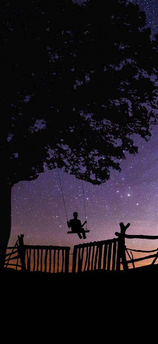 starry sky, silhouette, swing, tree, night