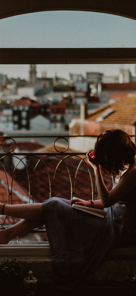 girl, balcony, reading, rest