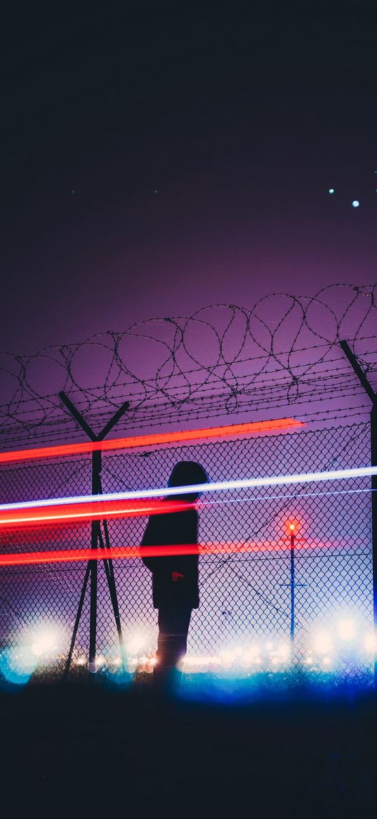 man, silhouette, barbed wire, fence