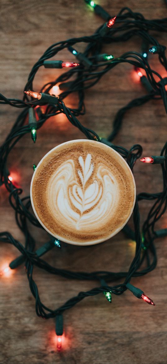 coffee, cappuccino, foam, garlands