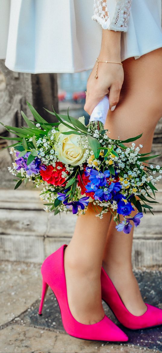 bouquet, girl, legs, shoes