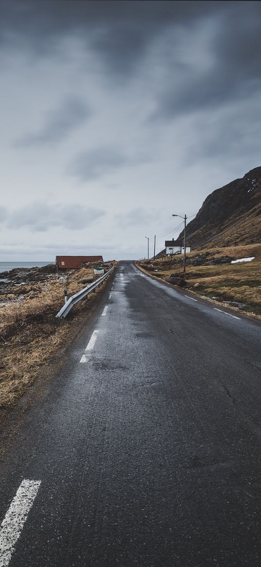 road, mountain, overcast, clouds