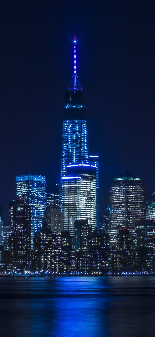 skyscrapers, night, buildings, shore, metropolis