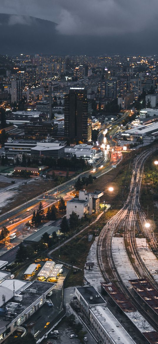 night city, top view, buildings, railway