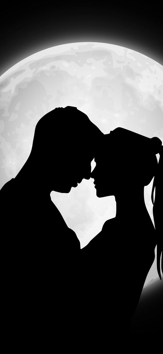 couple, silhouettes, moon, love