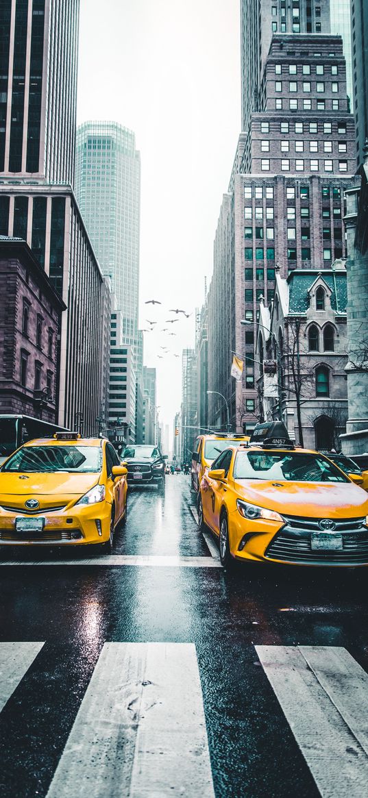 taxi, skyscrapers, city, traffic