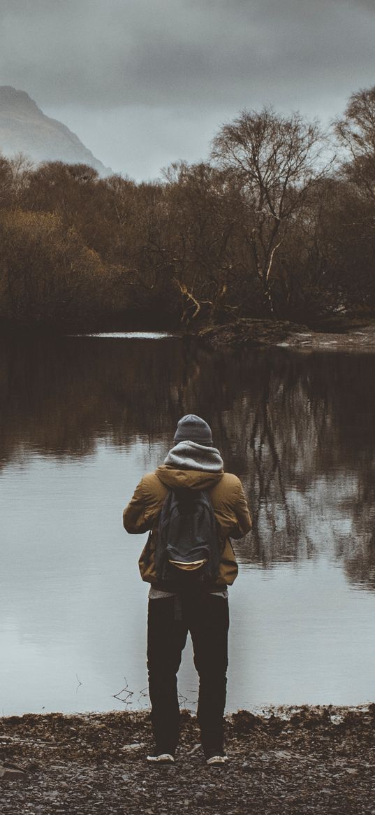 man, pond, cloudy, trees, gloomy