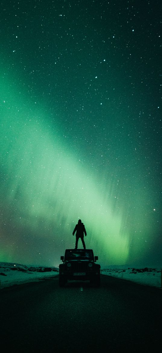 auto, night sky, silhouette, stars, radiance