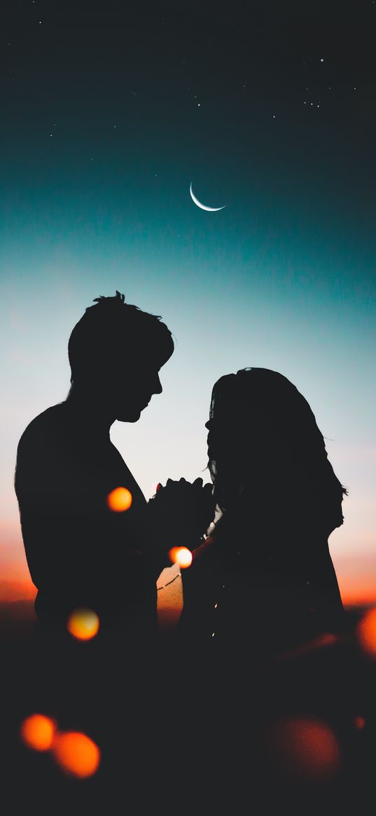 couple, silhouettes, night, love, sky