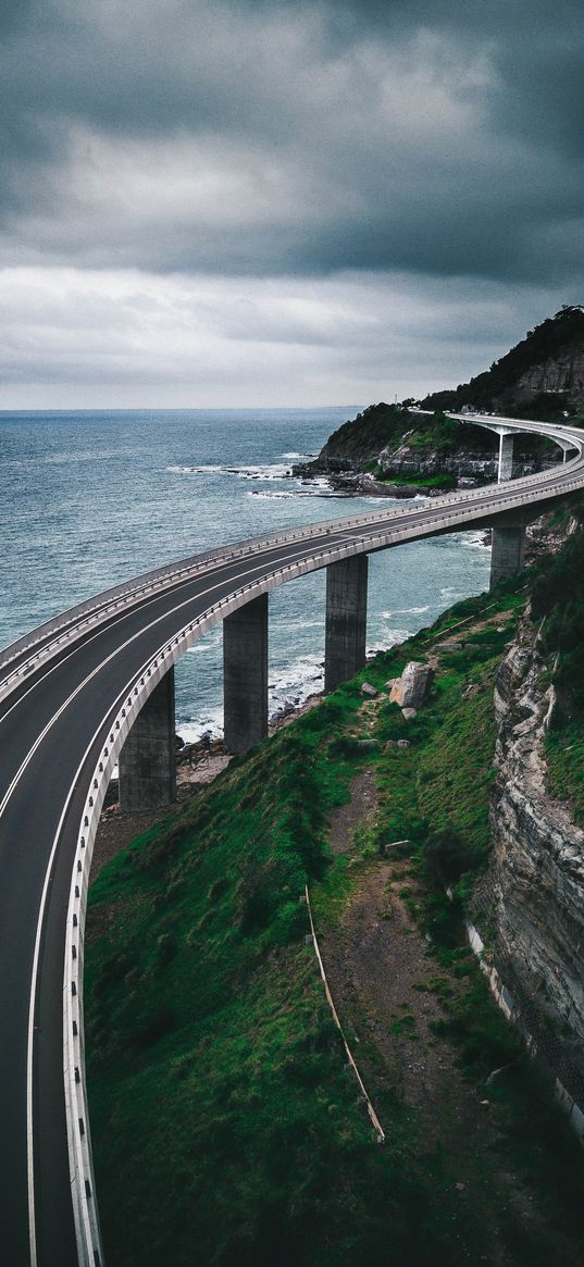 bridge, road, mountains, sea