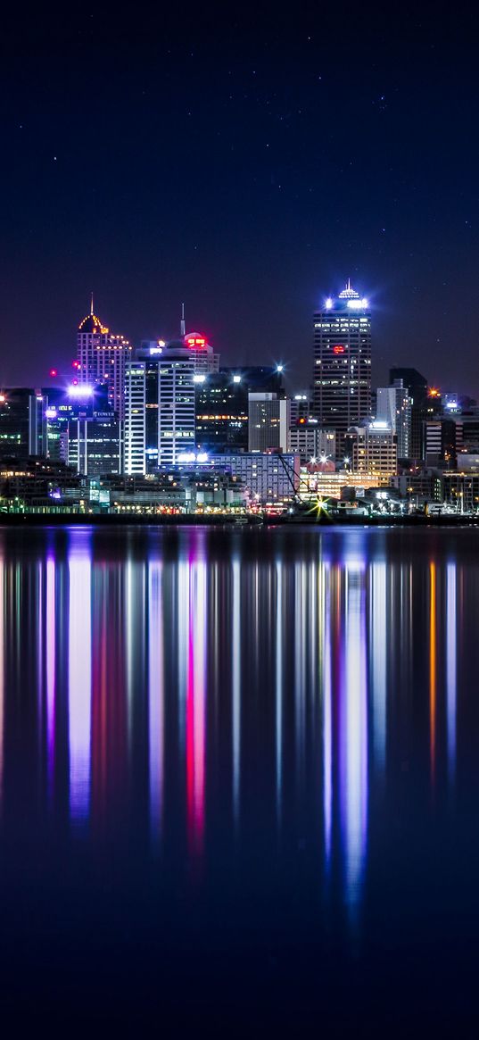 new zealand, panorama, skyscrapers, buildings, shore, lighting