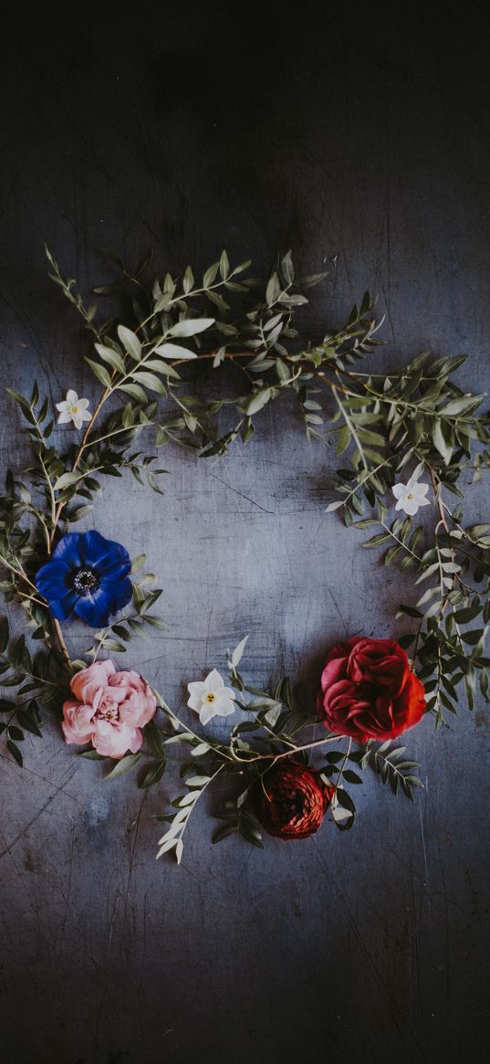 wreath, flowers, leaves, composition