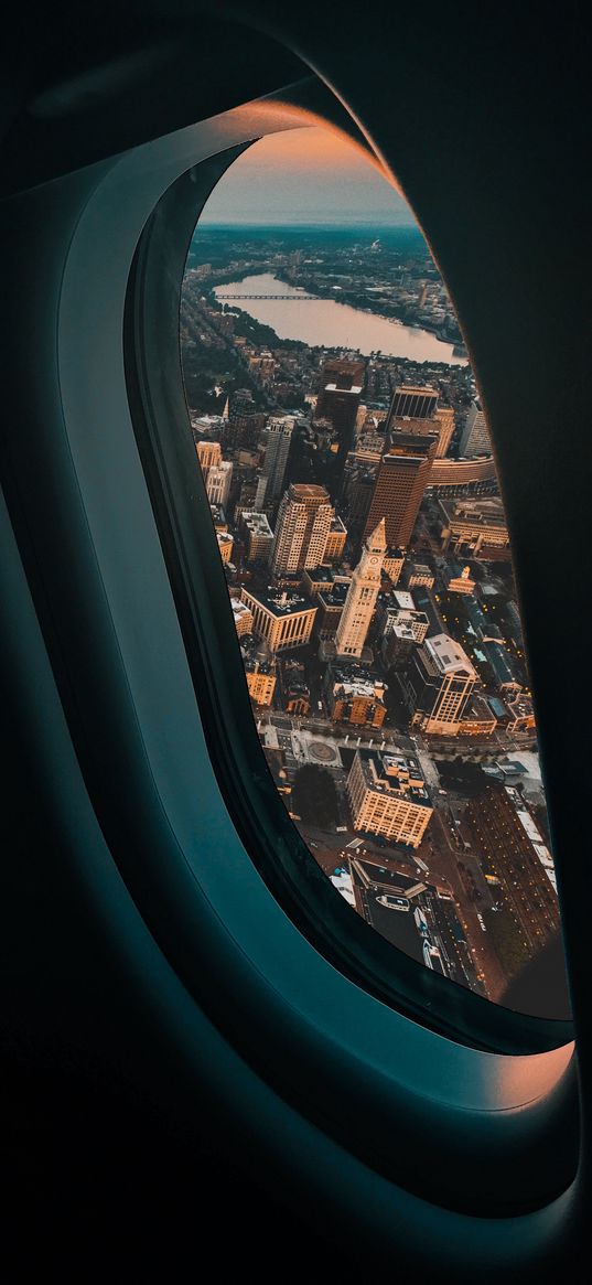 porthole, airplane, city, window