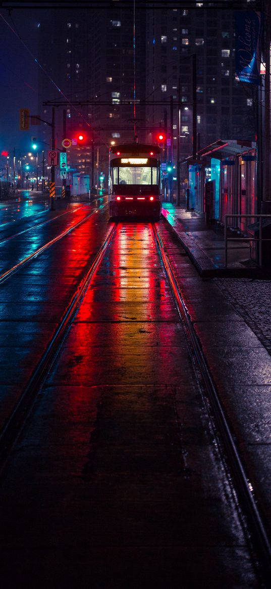 trolley, stop, city, evening, lighting