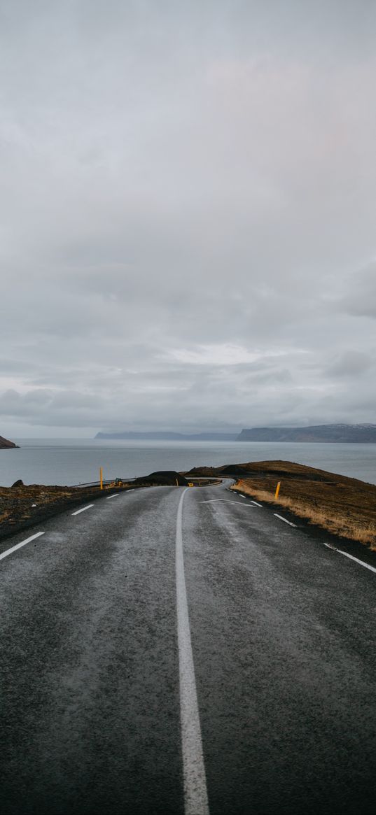 iceland, road, marking, turn, ocean, shore