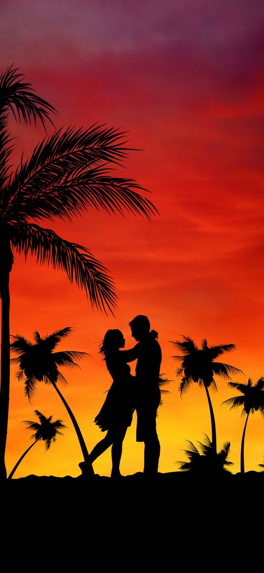 couple, love, palms, sunset