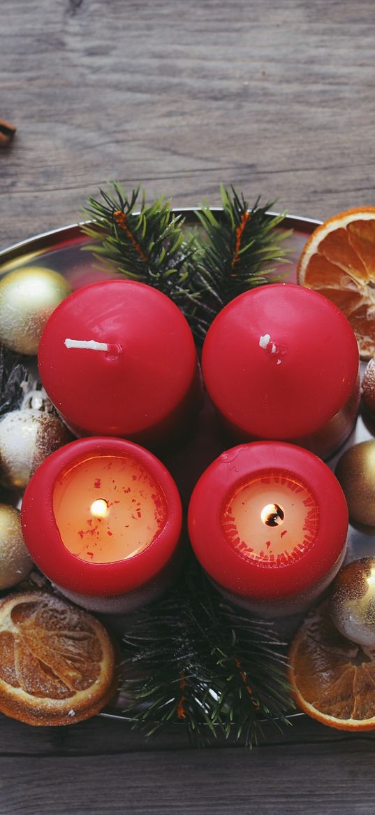 candles, christmas, spruce, oranges