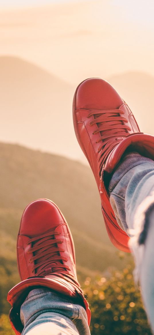 sneakers, legs, red, mountains