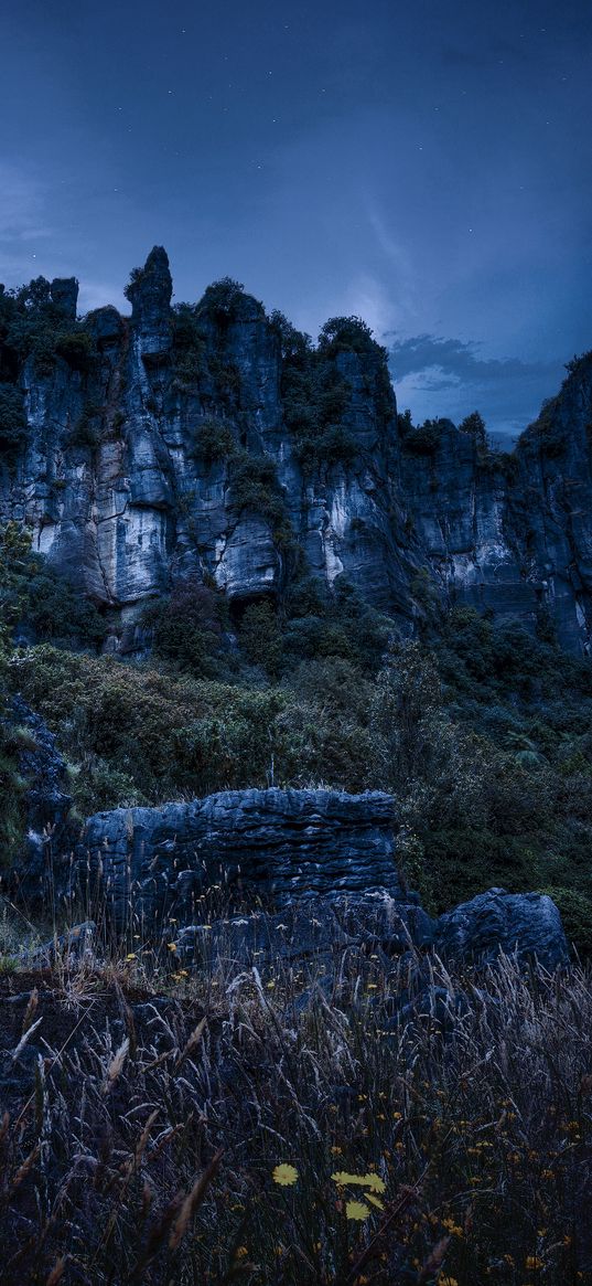 piopio, new zealand, mountains, rocks, grass, evening