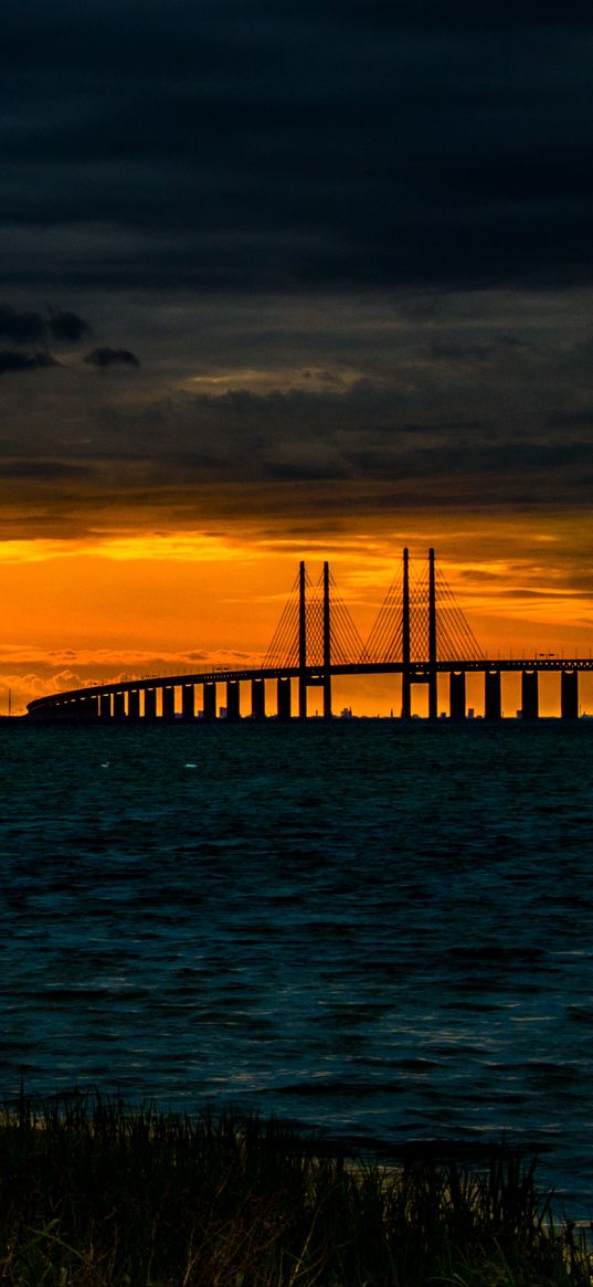 bridge, pond, sunset, clouds